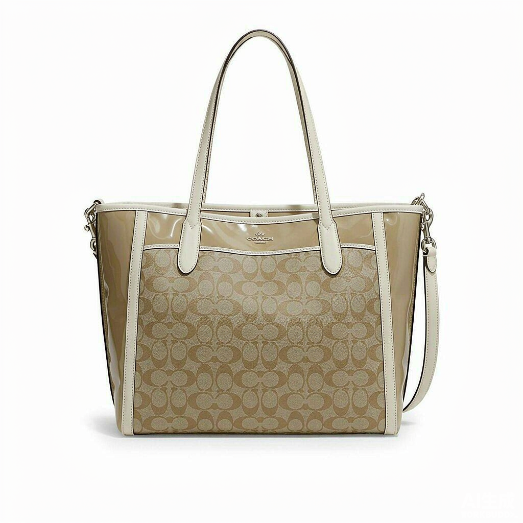 蔻驰COACH女士中号手提单肩托特包 卡其白色PVC 4455IMDQC